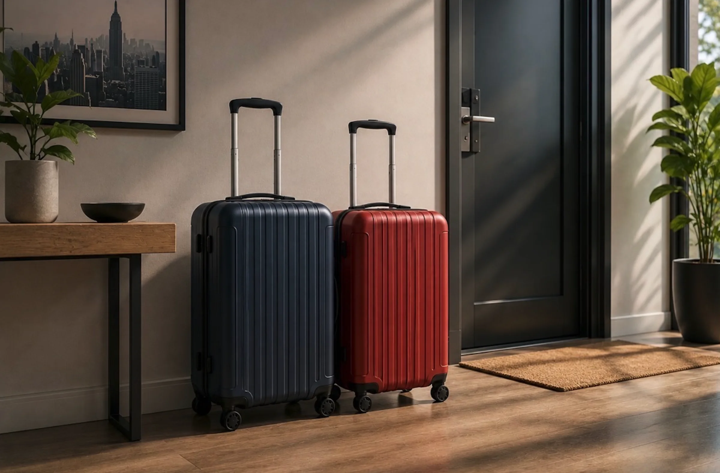 Two hard-shell suitcases waiting beside the entrance of a modern Vancouver accommodation